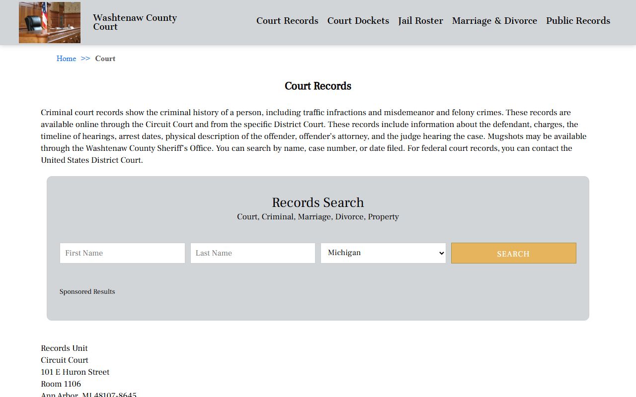 Washtenaw County court records page for recent arrests