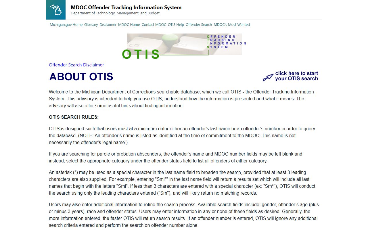 OTIS about and help page for Michigan recent arrests lookup