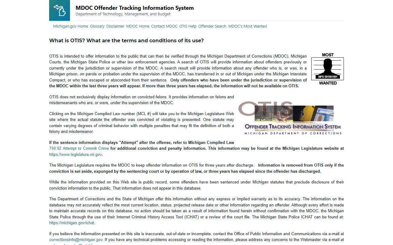 OTIS offender search page for Michigan recent arrests